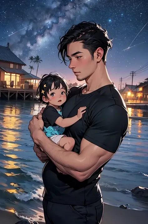 a chubby father holding his newborn baby boy at the seaside at night, black hair, black t-shirt, stars, starry night sky, shiny stars,