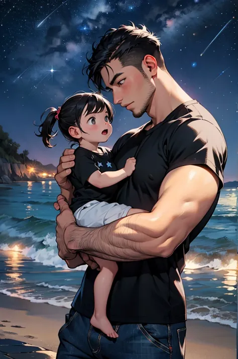 a chubby father holding his newborn baby boy at the seaside at night, black hair, black t-shirt, stars, starry night sky, shiny stars,