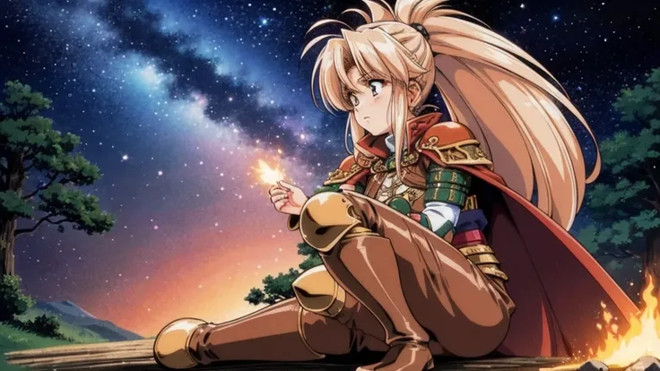 A human female adventurer camping outdoors in a fantasy game world, illustrated in a Japanese anime style. She is sitting on a log near a campfire, with her long, flowing hair tied back in a ponytail. She is dressed in detailed medieval-style adventurer cl...