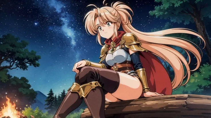 A human female adventurer camping outdoors in a fantasy game world, illustrated in a Japanese anime style. She is sitting on a log near a campfire, with her long, flowing hair tied back in a ponytail. She is dressed in detailed medieval-style adventurer cl...