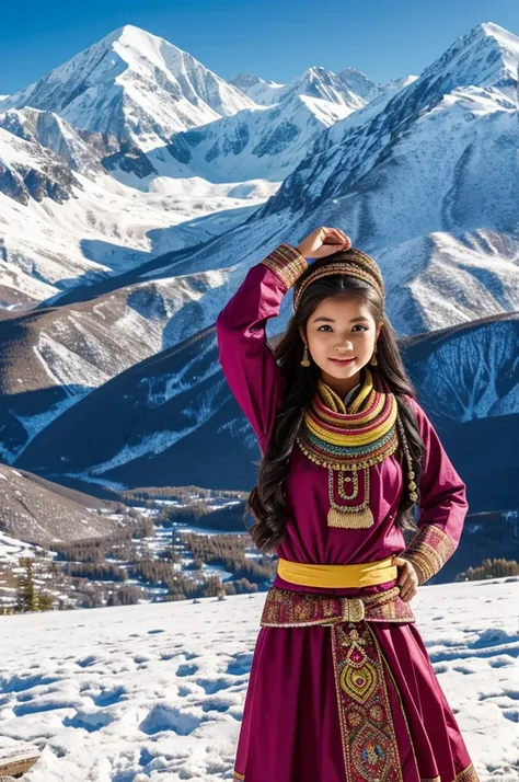 place like haven girl wear a cultural cloths backgroud look so beautiful snowy mountains 