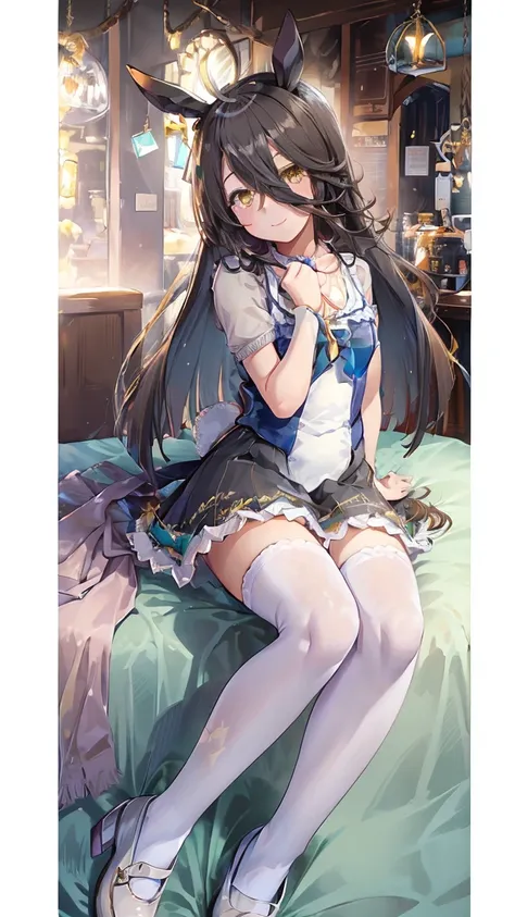 masterpiece, highest quality, high resolution, very detailed,(((manhattan cafe))), (((bunny girl))), (((smile))), on the bed