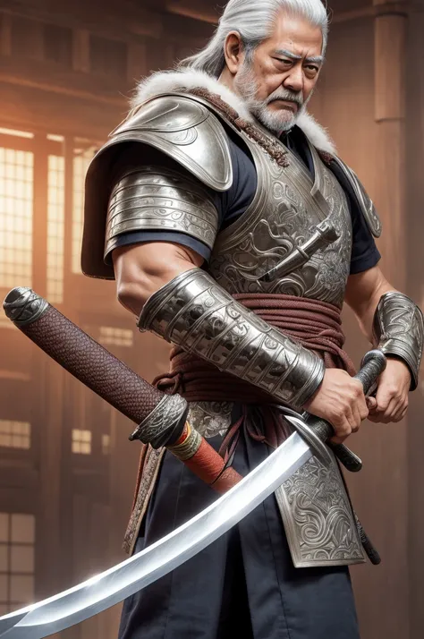 Highest quality，High resolution，((Shinzo Abe)) ，Fist of the North Star，samurai，One person，warrior，armor，（Silver_coat），male，One personで，Middle Age，（face_Wrinkles），Swordsman，strongest，Anime Style，(Limbs)，(Full Finger)，(Accurate fingertips), (The finer detail...