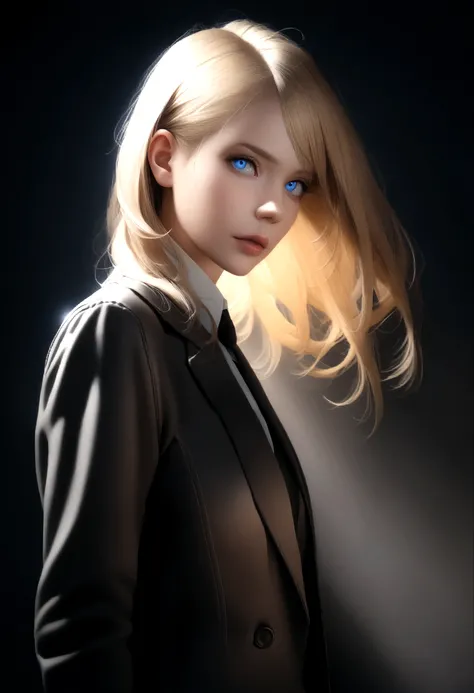 Best quality, masterpiece, ultra high res, (photorealistic:1.4), raw photo, 1girl, blonde hair, blue eyes,  detailed eyes and face, black suit, dynamic lighting, in the dark, deep shadow, low key, cowboy shot full-lenght body