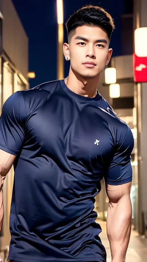 korea male male model, big muscles, handsome, cool, smoothly combed hair, pierced ears, wearing a t-shirt navy top, holding a lollipop, portraiture, modeling, dynamic pose, Japanese street, late at night, store lights trade, full half body shot