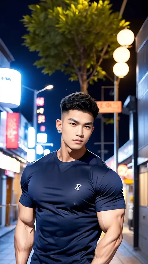 korea male male model, big muscles, handsome, cool, smoothly combed hair, pierced ears, wearing a t-shirt navy top, holding a lollipop, portraiture, modeling, dynamic pose, Japanese street, late at night, store lights trade, full half body shot