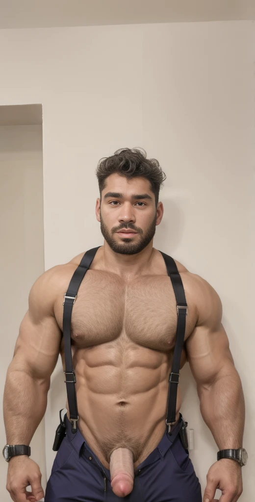 1boy, AdinAlpha, solo, facial hair,34 yrs old, fitness trainer, male focus, flaccid penis, pectorals, bara, muscular, mature male, muscular male, abs, beard, ring nipples, garter and suspenders, short hair, navel, stomach, large pectorals, thick eyebrows, ...