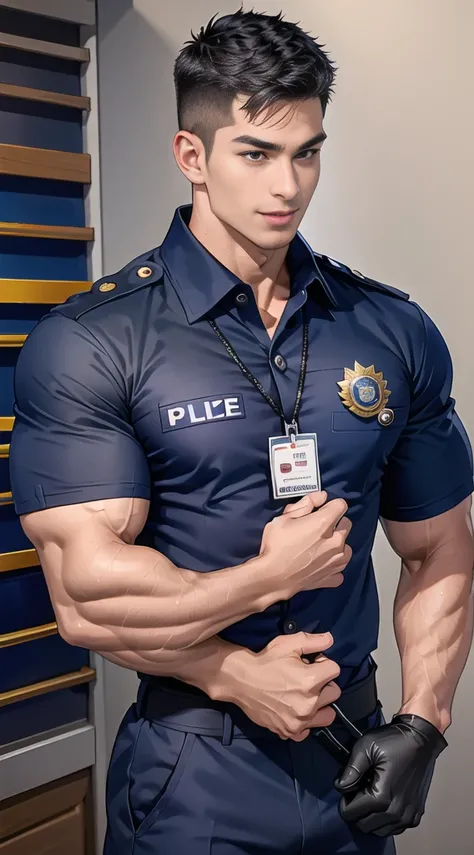 handsome man,(crew cut short hair:1.2),black eye,smile,open mouth (navy police uniform:1.2),(shirt short sleeves:1.2),collar,(shirt covered over:1.2),(name tag and Police badge:1.3),(shirt no buttons:1.1),(black_gloves:1.3), (Navy blue cargo:1.2),Korean gu...