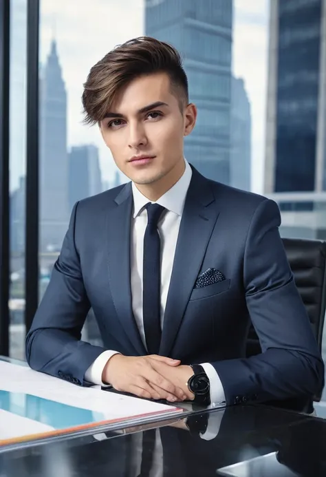 Important Leader, young boss, sitting at a chic desk in a modern office, dressed in a formal suit, outside the windows there is a metropolis. thin face, short haircut