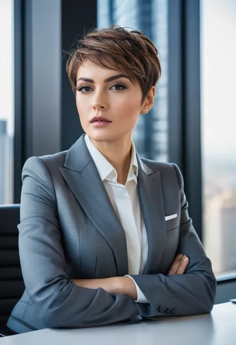 Important Leader, young boss, sitting at a chic desk in a modern office, dressed in a formal suit, outside the windows there is a metropolis. thin face, short haircut