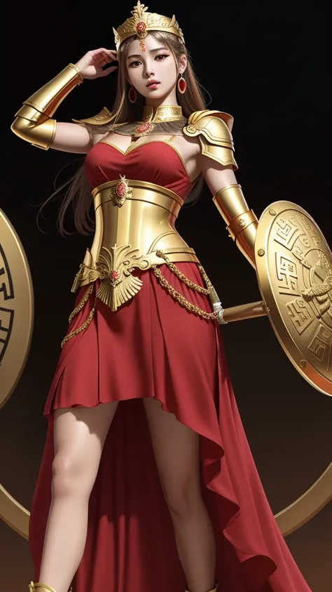 Greek goddess Athena, red tunic, golden armor, golden shield. rostro de jennie kim. good body, whole body. Vestido rojo armadura de oro. Lleva un caso de guerra griego con un penacho alto