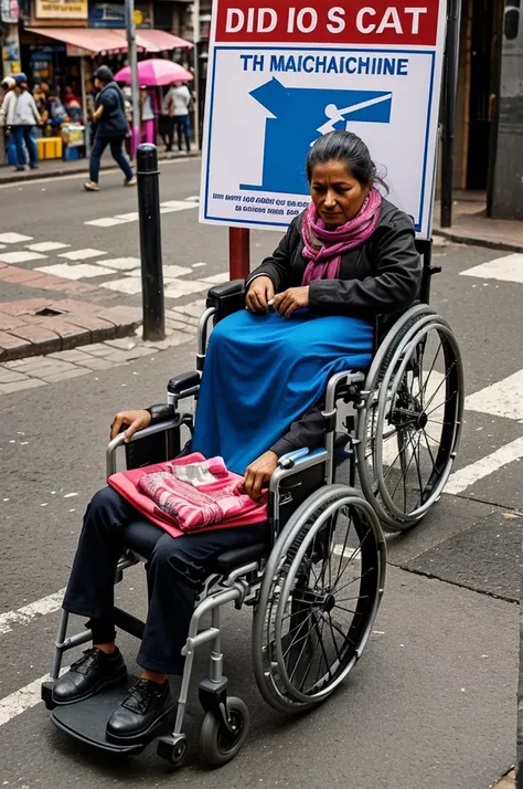 Create a sign where a woman with a wheelchair disability cannot even travel on the small platform with street vendors that does not allow movement on the street due to the obstacles that exist and the bad roads with holes in Bogotá