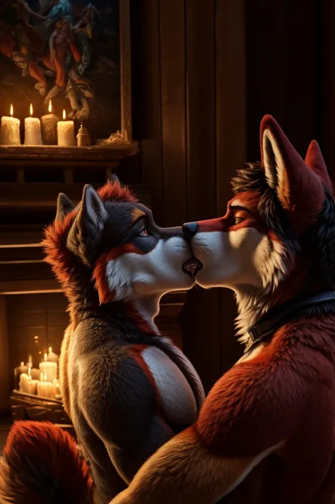 red husky, Yellow fox, male/male, Male, Male focus, Bcolored leather, fire, candle, nude, duo, oral, with a male red husky, sucking penis, canine penis, knot, ((Masterpiece, Best quality)), looking dominant, looking horny,