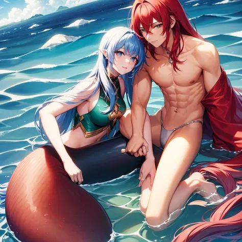 A mermaid woman and a human male with red and white hair 