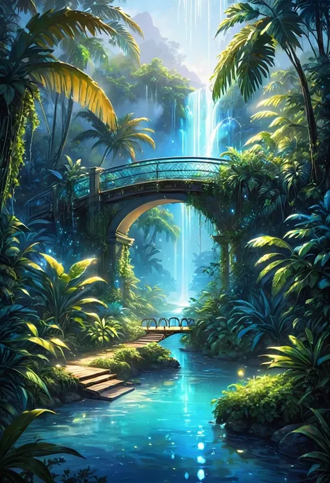 Fantasy style, illustration, An amazing oasis spreads over tropical expanses, blue Laguna, sparks, luminescent water, waterfalls, bridges, slopes and mountains, I make my way through the high jungle but inside the wild thickets, vines and palm trees there ...