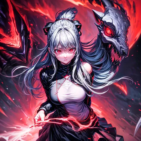 1girl、(((Highest quality、Masterpiece、Official Art、The best dynamic composition、超detailed)))、Gray Hair、Red-eyed anime girl holding a gun in front of a purple and red background, Gapmore Grim Dark,  portraitGapmore Grim Dark, Red eyes glow, Red lasers, Red l...