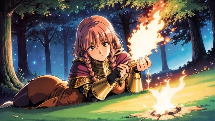 a human female adventurer camping outdoors in a fantasy game world. she is lying down on a blanket near a campfire, gazing thoug...