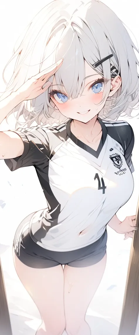 beautiful, masterpiece, Highest quality, anime, One girl, C Cup,Portrait Shot, View your viewers, Covered、Short Hair、nearby、Blue Eyes、art、、White hair,Blue streaked hair、hairpin、Cute smile、Thighs、Cute、Beautiful breasts、Sweat、Volleyball Club、Volleyball unifo...