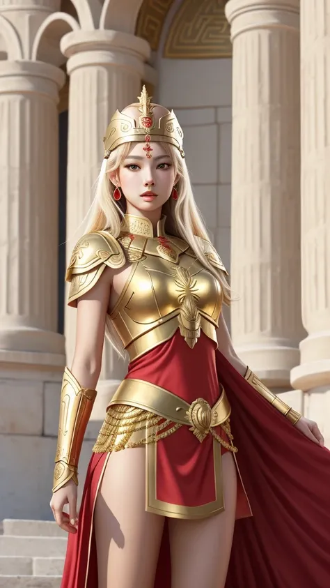 Greek goddess Athena, red tunic, golden armor, golden shield. rostro de jennie kim. good body, whole body. Vestido blanco, falda roja armadura de oro. Lleva un caso de guerra griego conocido como Galea con un penacho alto