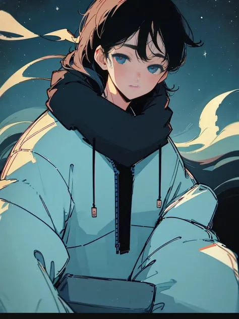 Close-up of a 19-year-old black-haired man、Being Calm、gentle light、black background、Coffee、head shot、Lo-Fi Illustration、a relaxing sight、starry sky、Countless stars、night view、Scarf、hoodie