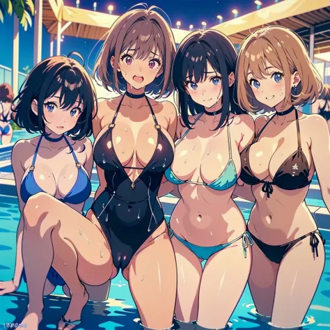 ((NSFW:1.3)),(Textured skin, Anatomically correct, Super Detail, high details, High quality, hight resolution, Best Quality, 1080p,4K),(One-person viewpoint, looking at viewer:1.2),
((1990s anime style:1.5))

(Multiple girls in night pool),(womens night po...