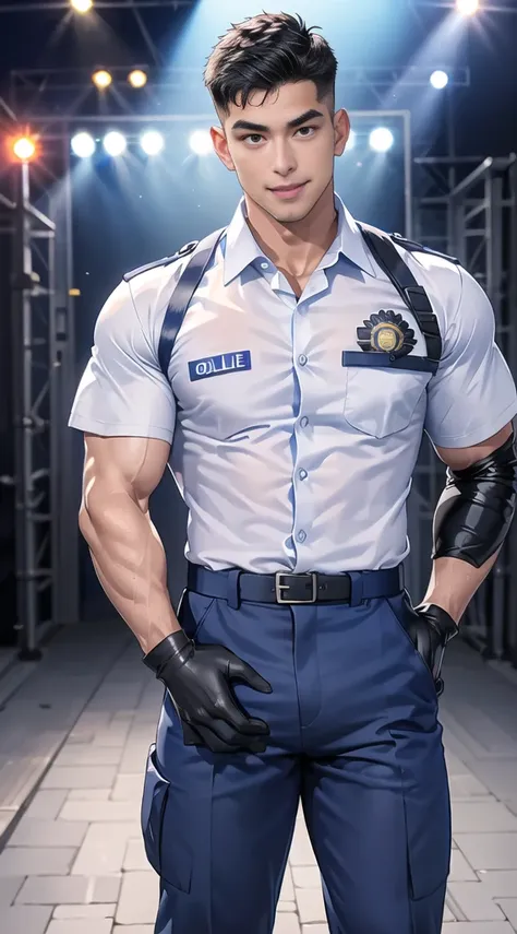 handsome man,(crew cut short hair:1.2),black eye,smile,open mouth (navy police uniform:1.2),(shirt short sleeves:1.2),collar,(sh...