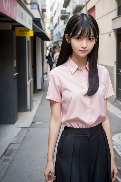 Pink blouse,Black culottes,15 years old,high school girl,Black Hair,bangs,Straight Hair,ponytail,Dark Eyes,Small Face,Clean eyes,Small Mouth,slender,Young face,Lori,Flat chest,Shopping Street,live-action,Realistic photos,8K,Ultra HD,Standing posture,whole ...