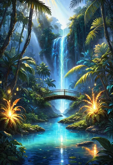 Fantasy style, illustration, insanely detailed, flames, fire, fairy dust, An amazing oasis spreads over tropical expanses, blue Laguna, sparks, luminescent water, waterfalls, bridges, slopes and mountains, I make my way through the high jungle but inside t...