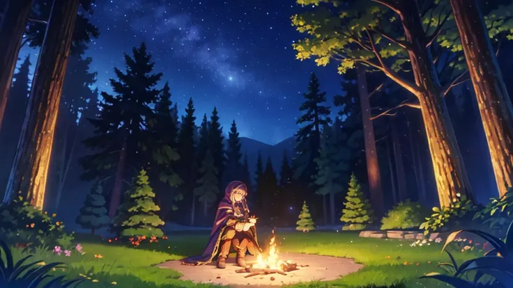 A human female adventurer camping outdoors in a fantasy game world. She is sitting cross-legged near a campfire, her long hair flowing freely, wearing medieval-style adventurer clothing with leather armor, a cloak, and boots. Her expressive eyes reflect th...