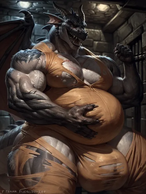 Dungeon setting, prison cell, obese daddy dragon, orange clothing, prison jumpsuit, flex, muscular, barazoku, evil grin, torn clothing, huge oversized expanding bulge, by taran fiddler, scar, tattoo, thug, imminent sex, translucent clothing, (Sharp focus, ...