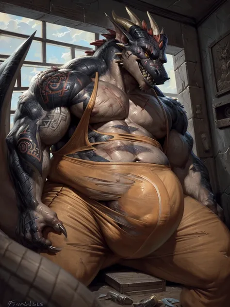 Dungeon setting, prison cell, obese daddy dragon, orange clothing, prison jumpsuit, flex, muscular, barazoku, evil grin, torn clothing, huge oversized expanding bulge, by taran fiddler, scar, tattoo, thug, imminent sex, translucent clothing, (Sharp focus, ...