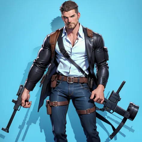 1 man, male focus solo, middle aged man,Stephen AMELL, tall, lean muscle, light blue shirt, brown leather shoulder holster, faded black trouser, full body shot, black short hair, facial hair, holding a pistol with two hands, (pistol:1.2), ultra high qualit...