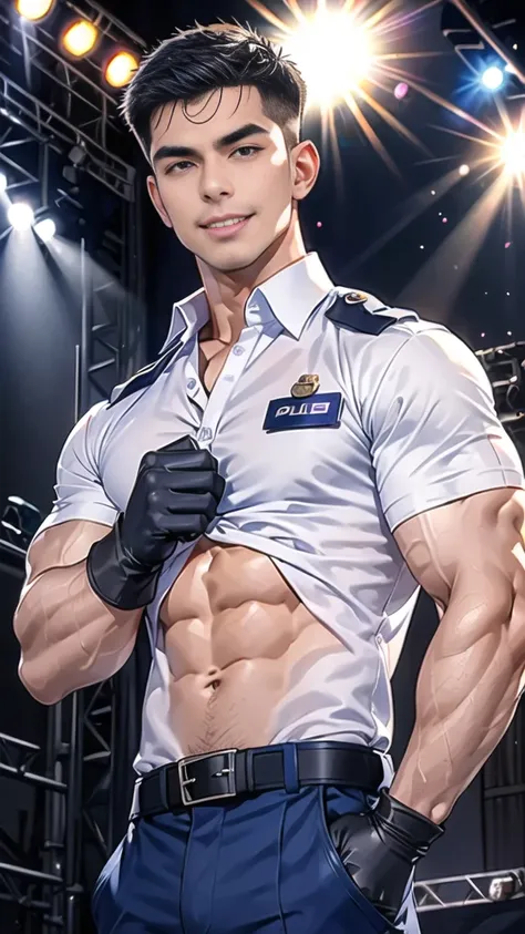 handsome man sit on stage ,(crew cut short hair:1.2),black eye,smile,open mouth (navy police uniform and t-shirt:1.2),(open shirt short sleeves:1.2),collar,(shirt covered over:1.2),(name tag and Police badge:1.2),(shirt no buttons:1.1),(black_gloves:1.3), ...