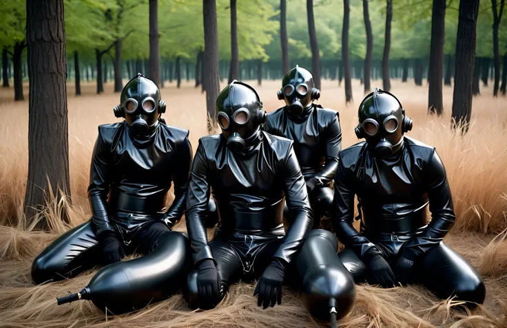 A striking, cinematic photograph of a surreal outdoor scene featuring a dozen black, shiny, and intricately mummified helpless males, completely encased in leather bodybags, laced up snug, multiple black leather straps ensuring their total immobility. blac...