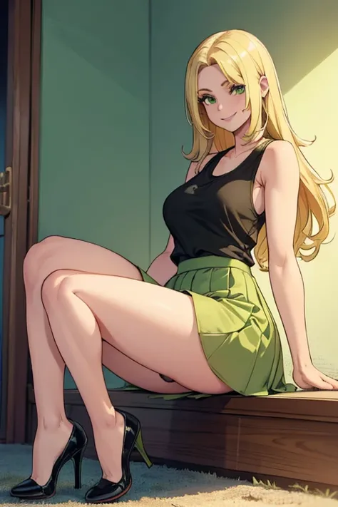 female, blonde long hair, green eyes, (((1girl))), (((light green tank top))), (white long skirt), (black low heels), cute and sexy, full body, large breasts, large butt, long legs, smiling