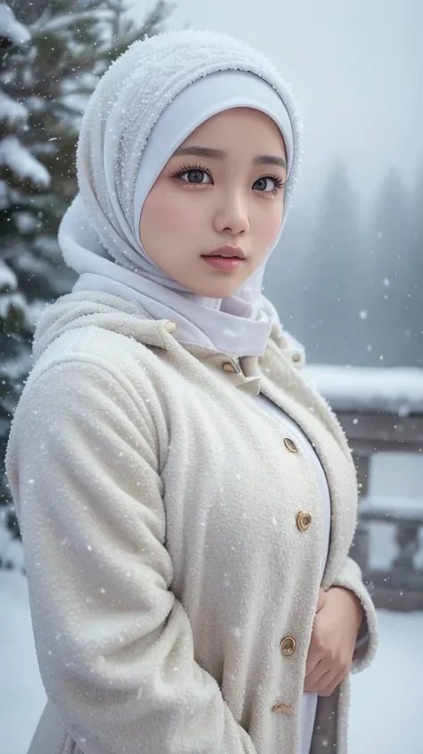 beautiful malay girl in hijab wearing a white jacket, middle of snowing landscape, highly detailed, 4k, hyperrealistic, intricate details, warm lighting, muted color palette, cinematic composition, masterpiece