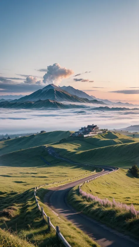 Highest quality, masterpiece, Ultra-high resolution, (realism: 1.4), Oil painting style, Cinema Lighting, A few houses are scattered across the endless grassland.., I stood on the empty asphalt road and watched, Mt. Senjo is covered in mist, Flying Crane