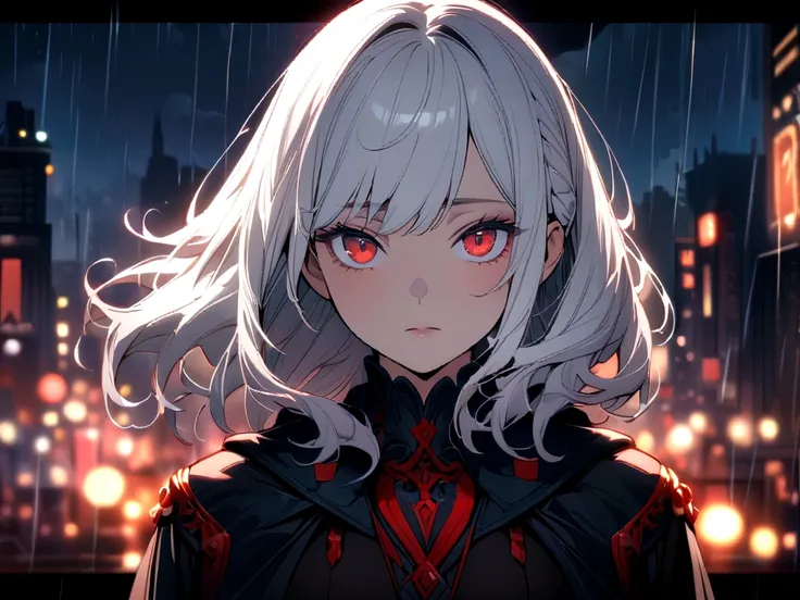 masterpiece, best quality, extremely detailed, cinematic lightning, intricate detail, highres, official art, finely detailed beautiful face and eyes, high resolution illustration, 8k, depth of field, bokeh, solo, 1girl, a girl with white hair and red eyes,...