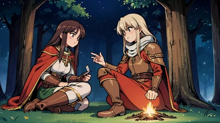 A human female adventurer camping outdoors in a fantasy game world. She is sitting cross-legged near a campfire, her long hair flowing freely, wearing medieval-style adventurer clothing with leather armor, a cloak, and boots. Her expressive eyes reflect th...