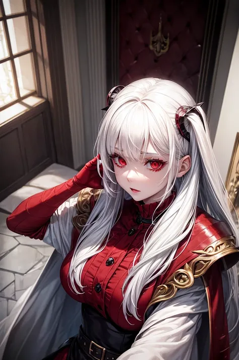 A female character with white hair and red eyes that taste like blood, a powerful demon, but inside a house like a mansion
