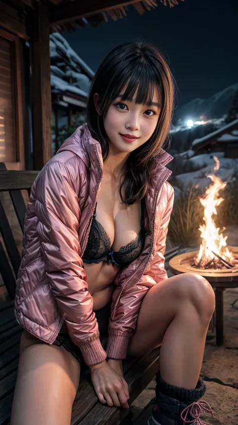 nsfw、(((Night view)))、White Breath、Beautiful starry sky、In the mountains、smile、in the forest、winter、Cottage))、Sit in front of the bonfire、Outdoor、(((Front open down jacket)))、((Leg warmers))、((Trekking shoes))、 table、((Big Breasts))、short hair、((blunt bang...