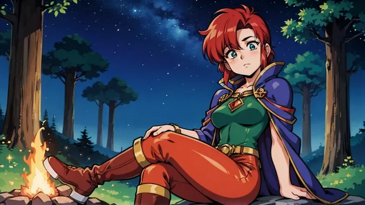 A human female adventurer camping outdoors in a fantasy game world, illustrated in a Japanese anime style. She is sitting on a rock near the campfire, with short, bright red hair. She is dressed in a blue tunic with gold embroidery, leather pants, and boot...