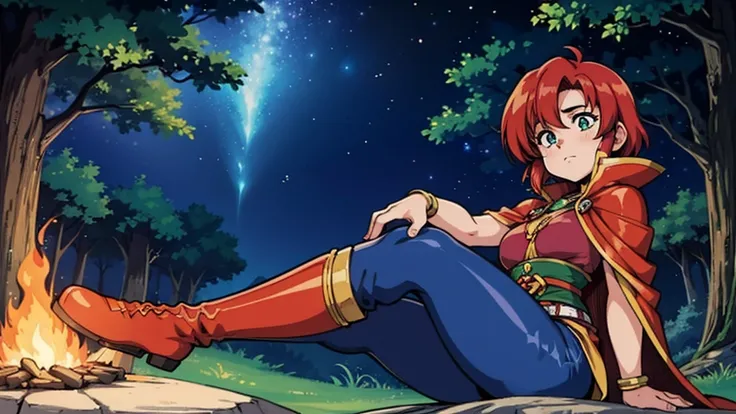 A human female adventurer camping outdoors in a fantasy game world, illustrated in a Japanese anime style. She is sitting on a rock near the campfire, with short, bright red hair. She is dressed in a blue tunic with gold embroidery, leather pants, and boot...