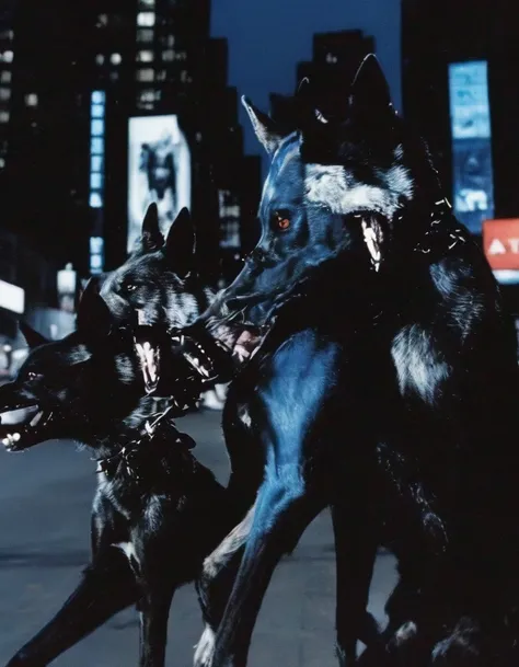 humanoid wolves fashion models in new york street at night, night city background