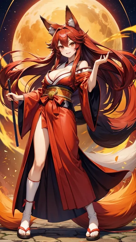 red long hair woman，Fox ears，Fox tail，Witch costume，cleavage，hakama，White socks，Straw sandals，Japanese Shrines