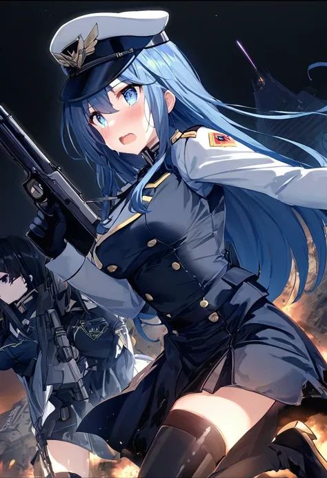 Facing forward　girl　Military uniforms with a white base and some black　Spectacular Background　A shooting star is falling　Beautiful night view　　　She is on the right　On the left you can see the destroyed city.　He has a gun　　　服にはplaneが描かれています　背景の上部にはFighterが飛...