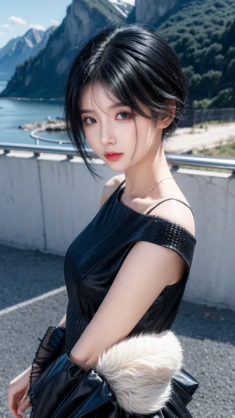 best quality, 1 Girl, dark blue hair, black eyes, Very short hair, Spiky hair, wears sweet black dress luxury，A cropped dress, 171 cm, Messy hair, Hair between the eyes, Tomboy, aldult, 20 years old, A sweet girl by the mountain