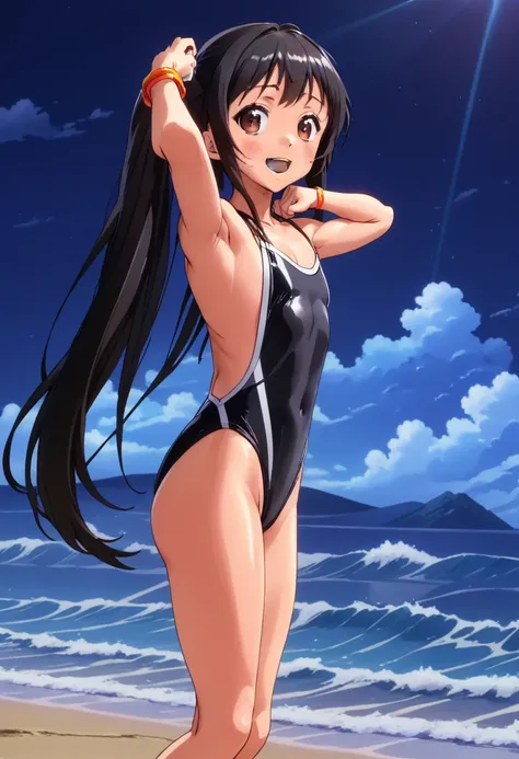 sword art online, yui, long hair, bangs, black hair, hair ornament, very long hair, high ponytail, blunt bangs, hime cut, brown eyes, masterpiece, best quality, anime screencap, tsuchimiya, competition swimsuit, black swimsuit, barefoot, bare legs, 1girl, ...