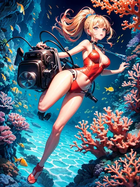 Highest quality,Highest Resolution,Beautiful girl scuba diving in the deep sea,High leg,Beautiful coral,