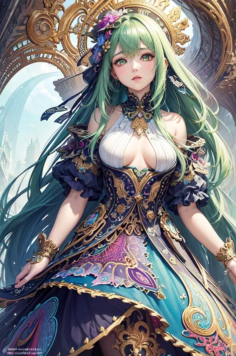 (masterpiece, top quality, best quality, official art, beautiful and aesthetic:1.2), (1girl), extreme detailed,(fractal art:1.3),colorful,highest detailed, small tits, green eyes, shadows in blue, highlights in cold